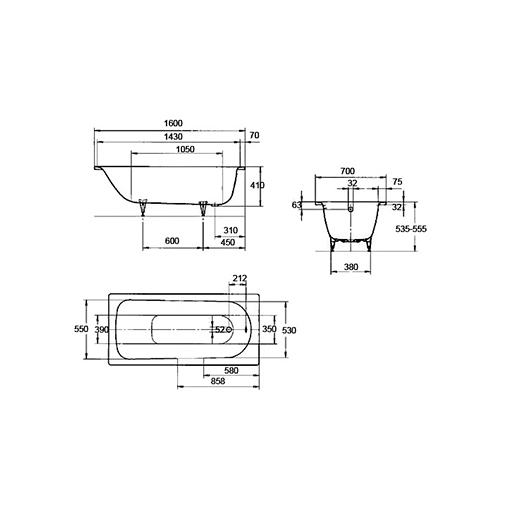 Ванна стальная KALDEWEI Saniform Plus 160см Мод.362-1 1600х700x410 мм (арт. 111700010001)